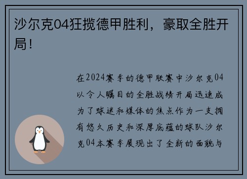 沙尔克04狂揽德甲胜利，豪取全胜开局！